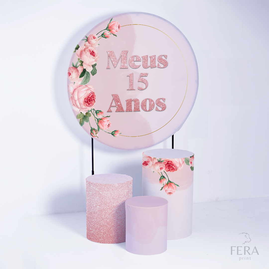 Kit Painéis + Trio Capa Cilindro Casado 15 Anos Rosa Sublimado