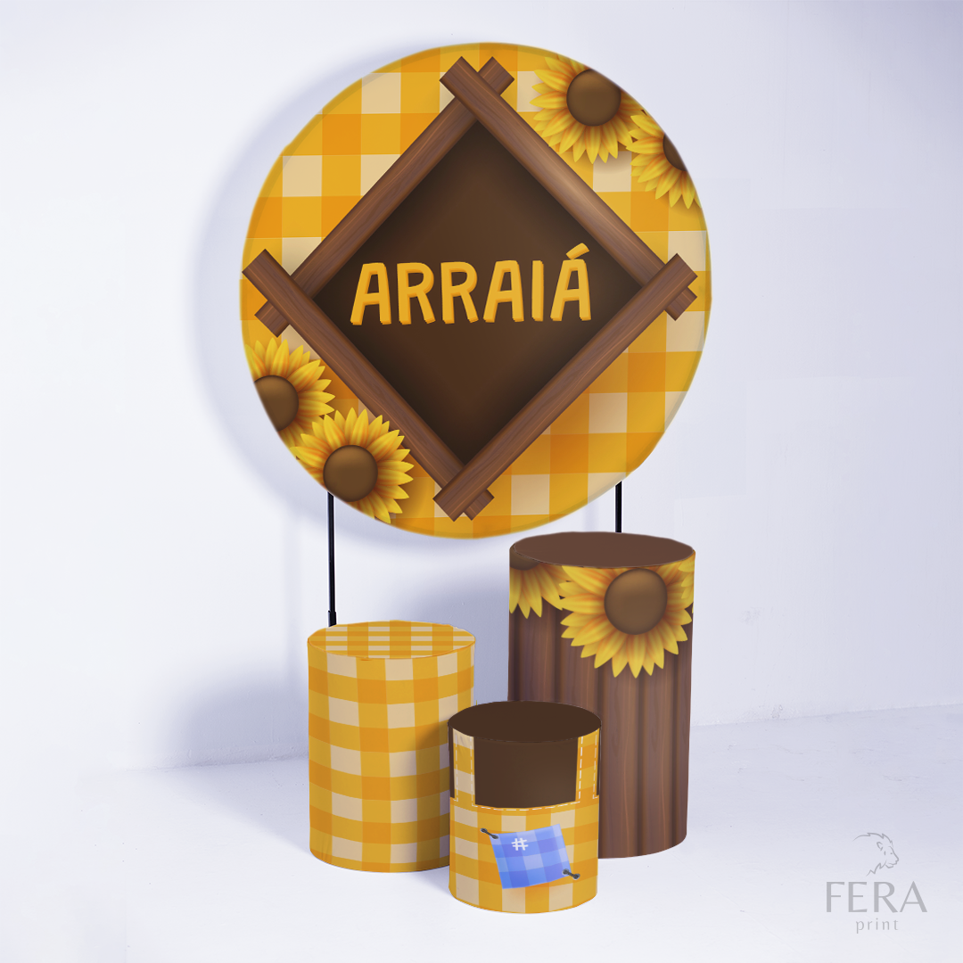 Kit Capa Cilindros + Capa Painel Festa Junina Arraiá Amarelo Sublimado