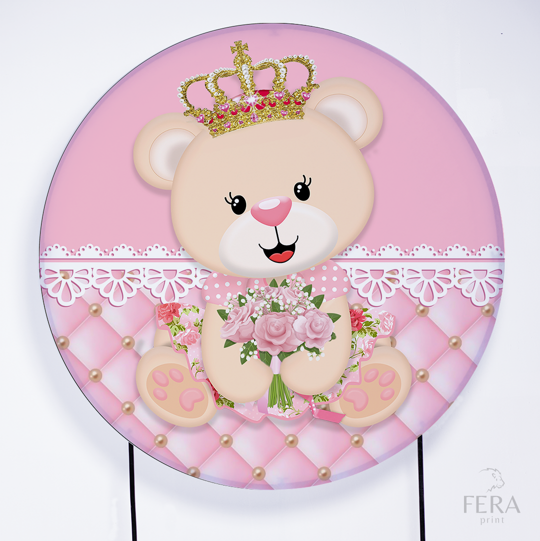 Painel Redondo Ursinha Princesa Rosa Sublimado