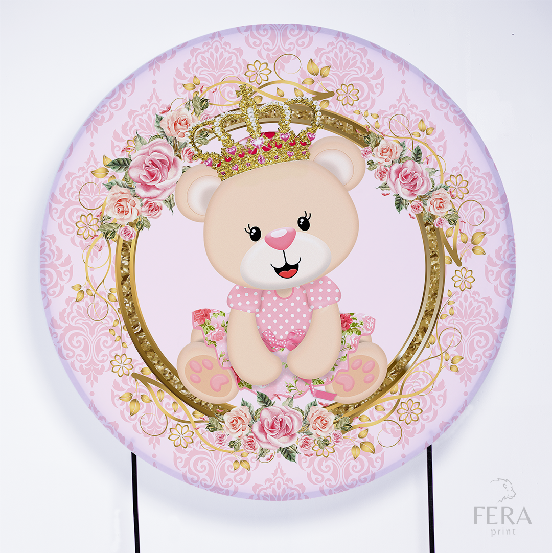 Painel Redondo Ursinha Princesa Flores Sublimado