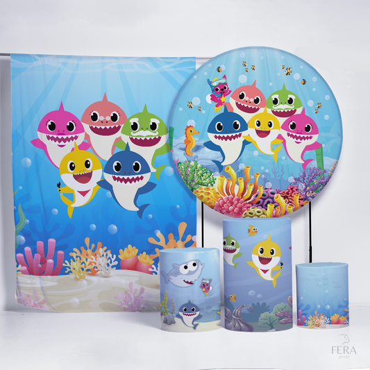 Kit Painéis + Trio Capa Cilindro Casado Bebês Tubarão Fundo Mar Sublimado