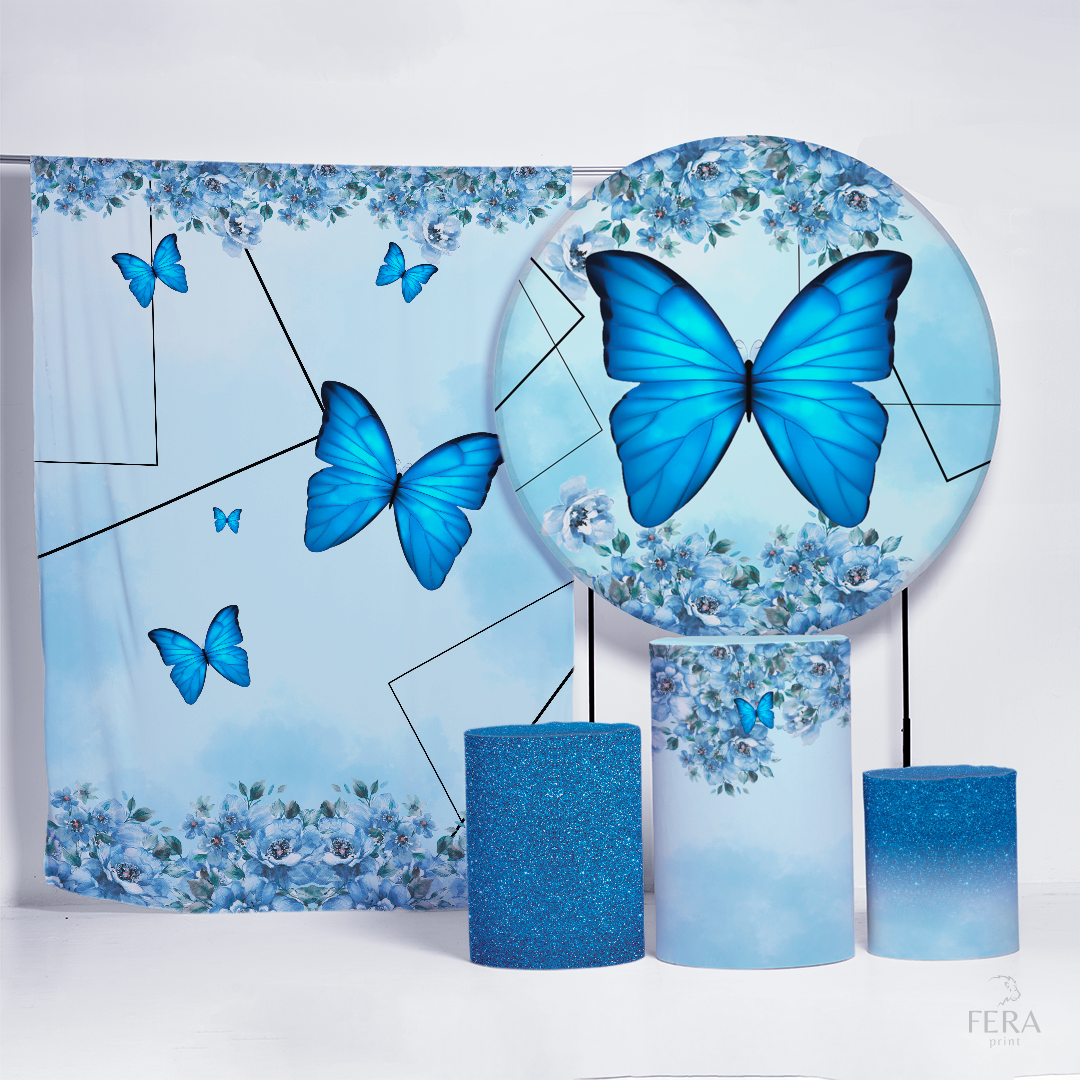 Kit Painéis + Trio Capa Cilindro Casado Borboleta Azul Sublimado