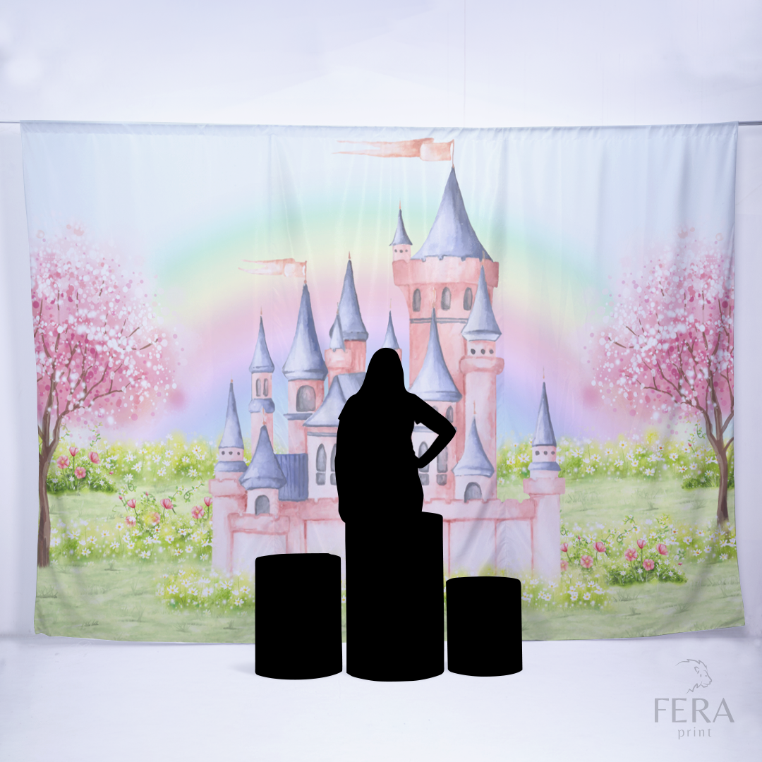 Painel Sublimado Retangular Castelo Rosa Aquarela