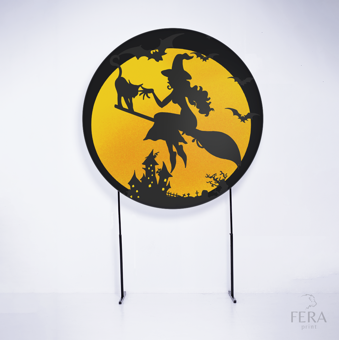 Painel Redondo Halloween Preto Bruxinha Sublimado