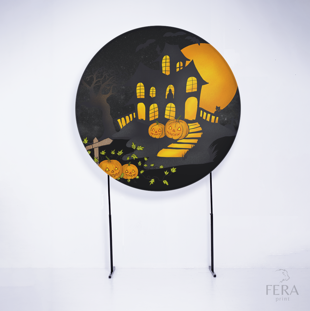 Painel Redondo Halloween Preto Casinha Sublimado