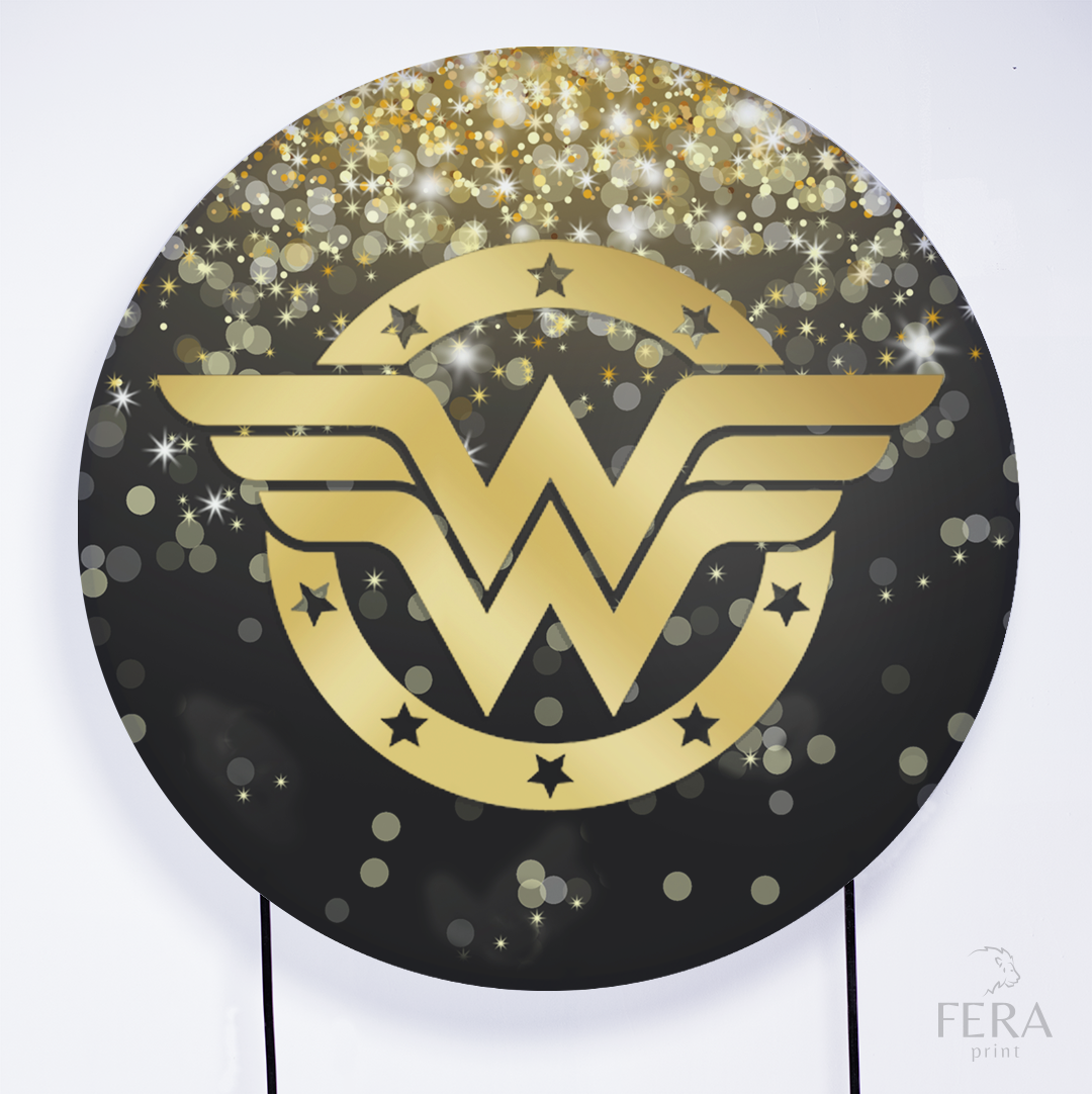 Painel Redondo Heroína Maravilha Preto e Dourado Sublimado