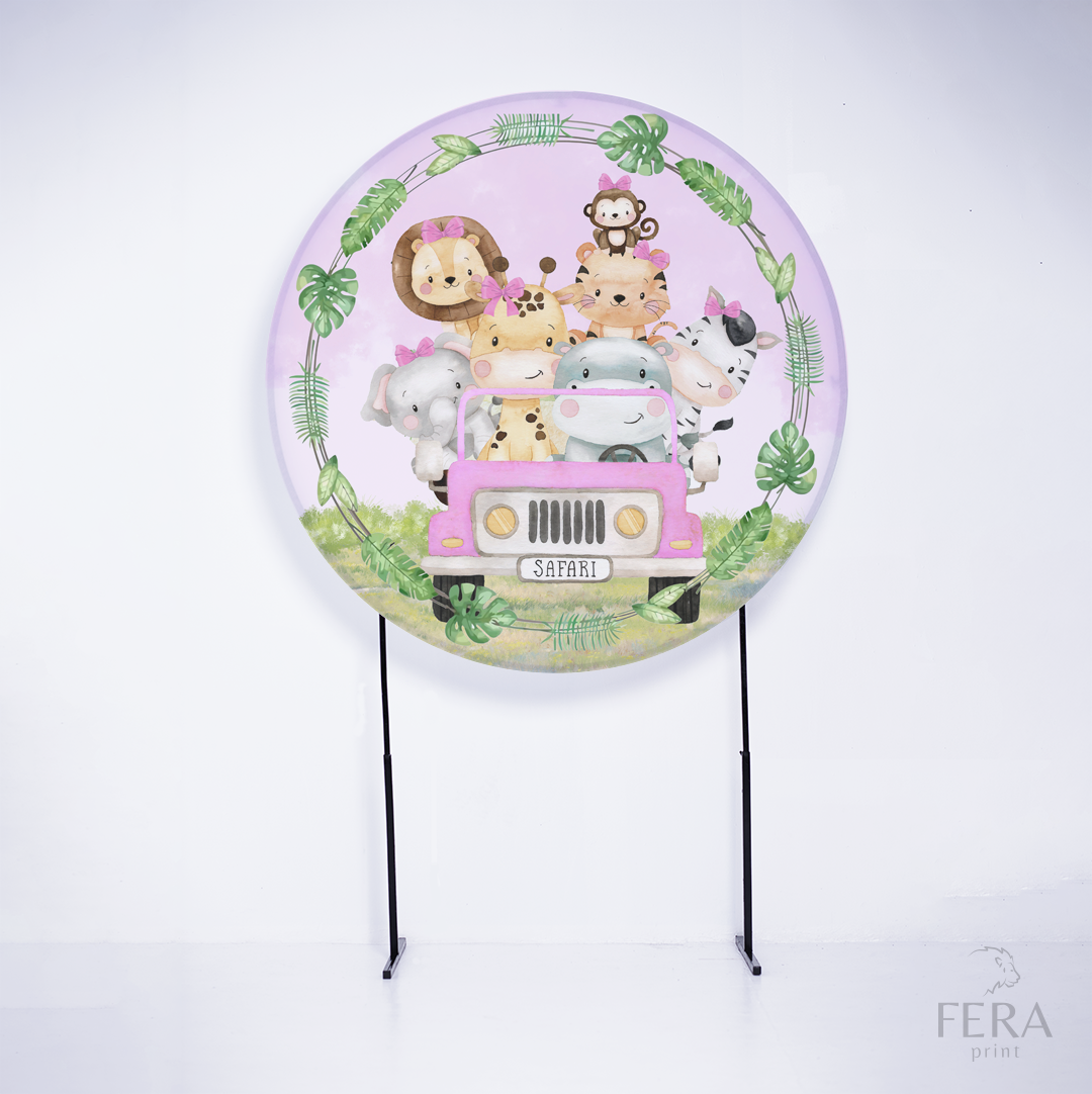 Painel Redondo Safari Baby Carro Rosa Sublimado